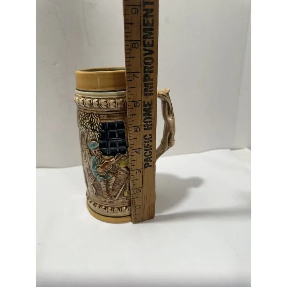 Set‎ 2 Vintage Japanese Ceramic Beer Stein, Man Plays Mandolin 3D Mug Art German